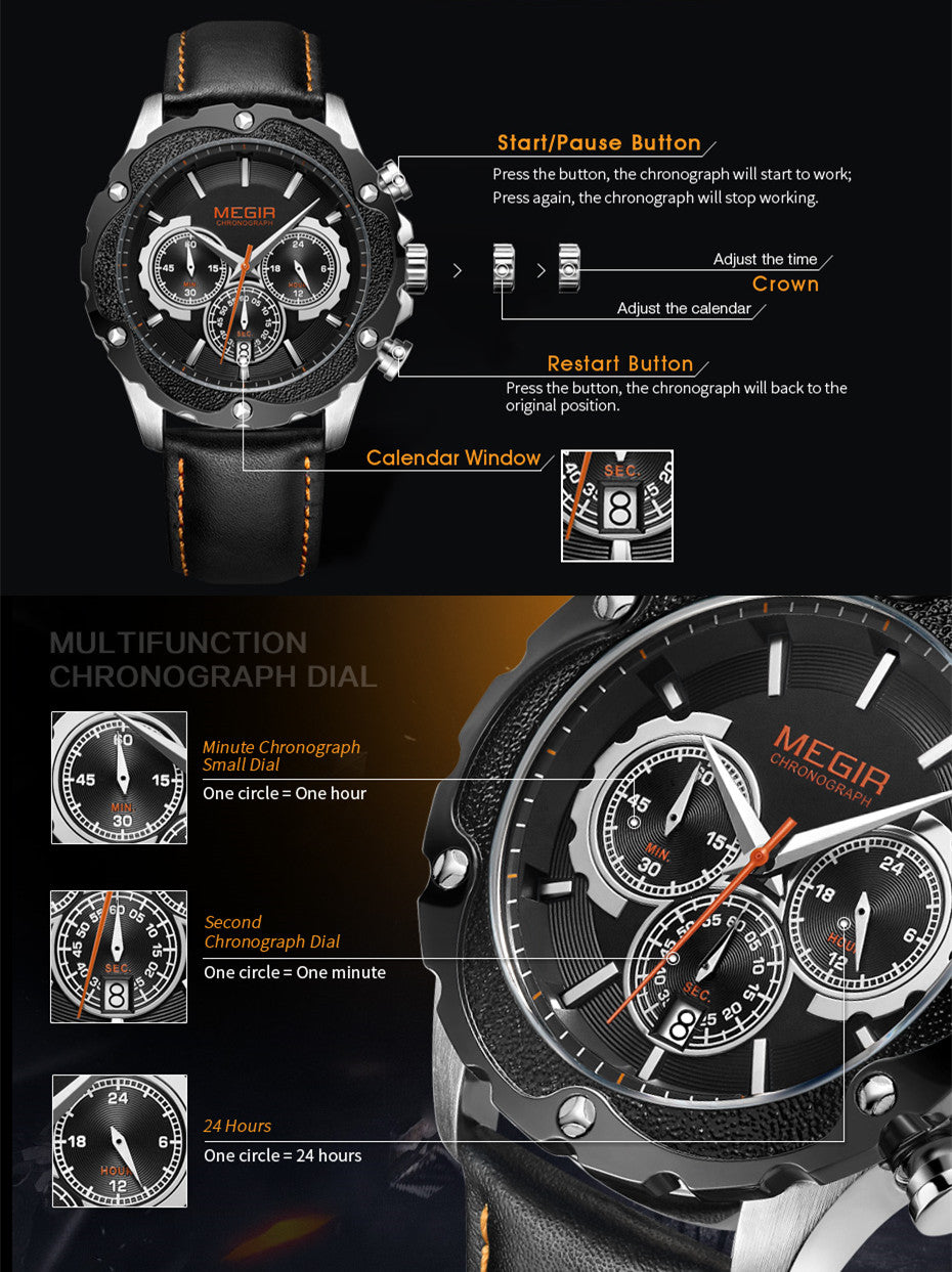 MEGIR Luxury Sports Watches for Men Waterproof Quartz Wrist Watch Chronograph Fashion Leather Military Clock Reloj Hombre 2070-7
