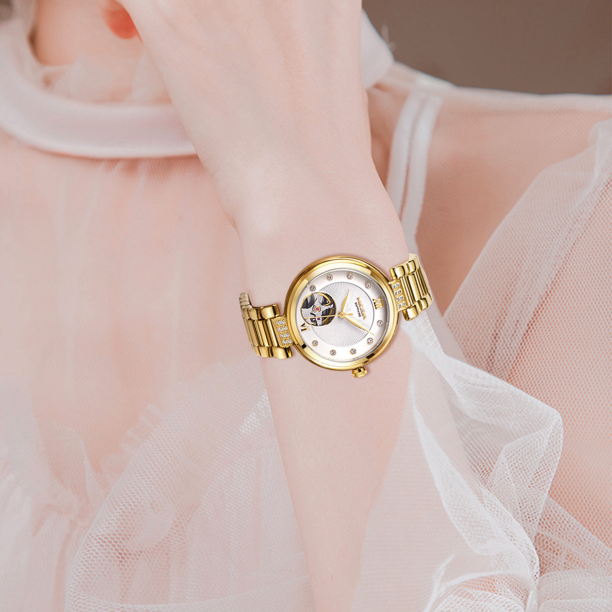 MEGIR Luxury Stainless Steel Gold Women Bracelet Watch Large Dial Automatic Mechanical Wrist Watches Ladies Business Watch Clock-2