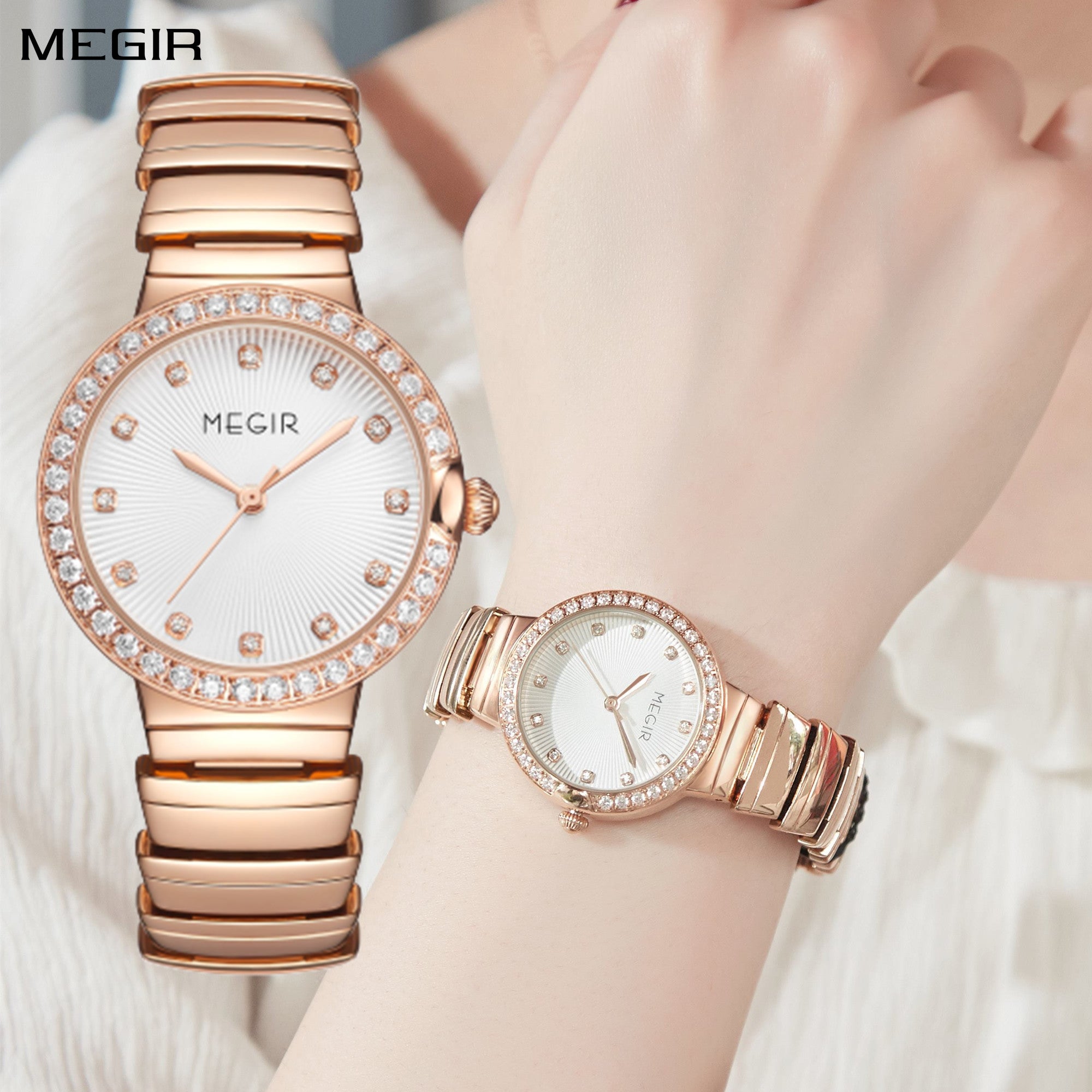 MEGIR Luxury Stainless Steel Strap Watches for Women Fashion Casual Quartz WristWatch Ladies Big Dial Dress Clock Reloj Hombre-0