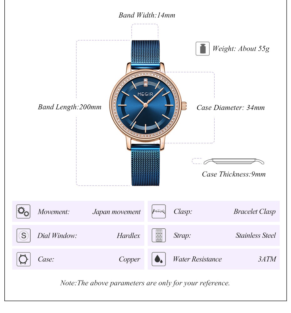 MEGIR Luxury Watches for Women Stainless Steel Dress Clock Fashion Elegant Wristwatch Quartz Watch Ladies Clock Reloj Mujer 7012-7