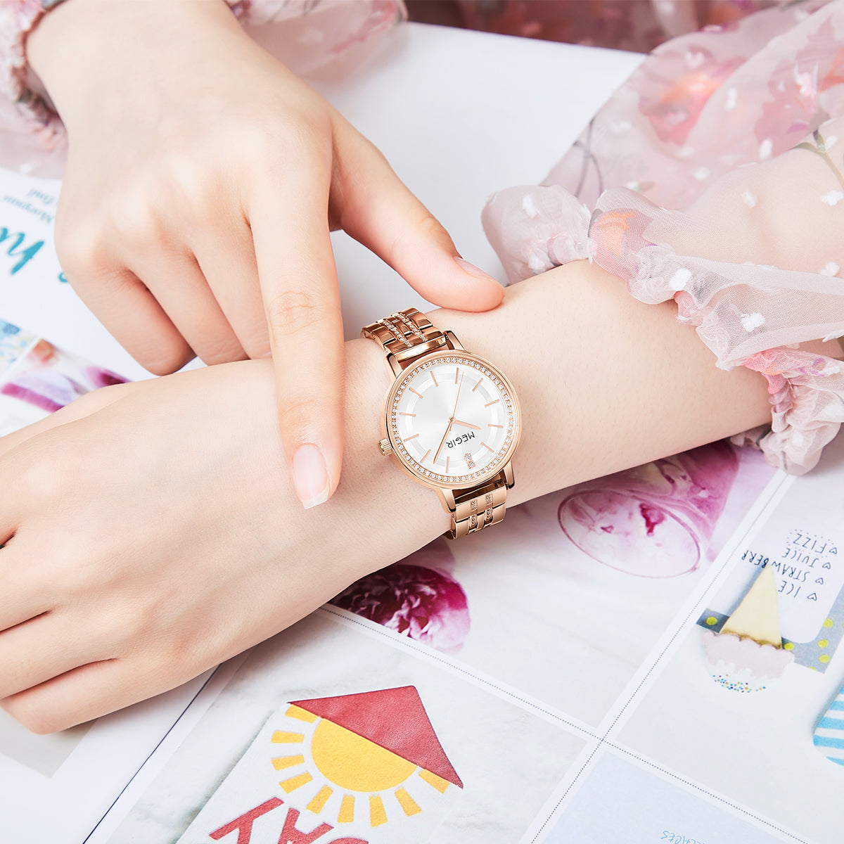 MEGIR Luxury Watches for Women Stainless Steel Dress Clock Fashion Elegant Wristwatch Quartz Watch Ladies Clock Reloj Mujer 7012-2