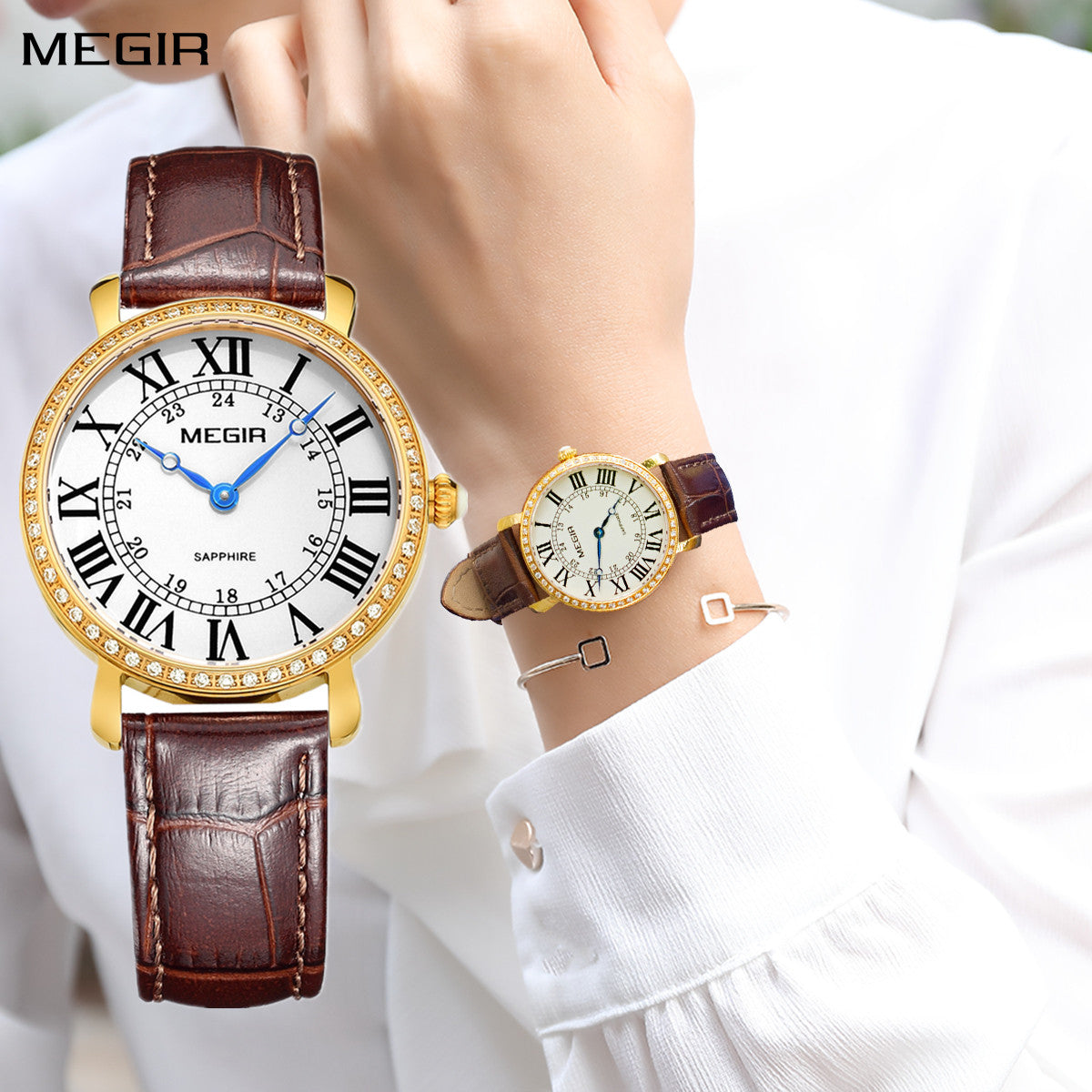 MEGIR Luxury Women Watch Business Ladies Fashion Quartz Bracelet Wrist Watches Casual Leather Band Dress Clock Montre Homme-0