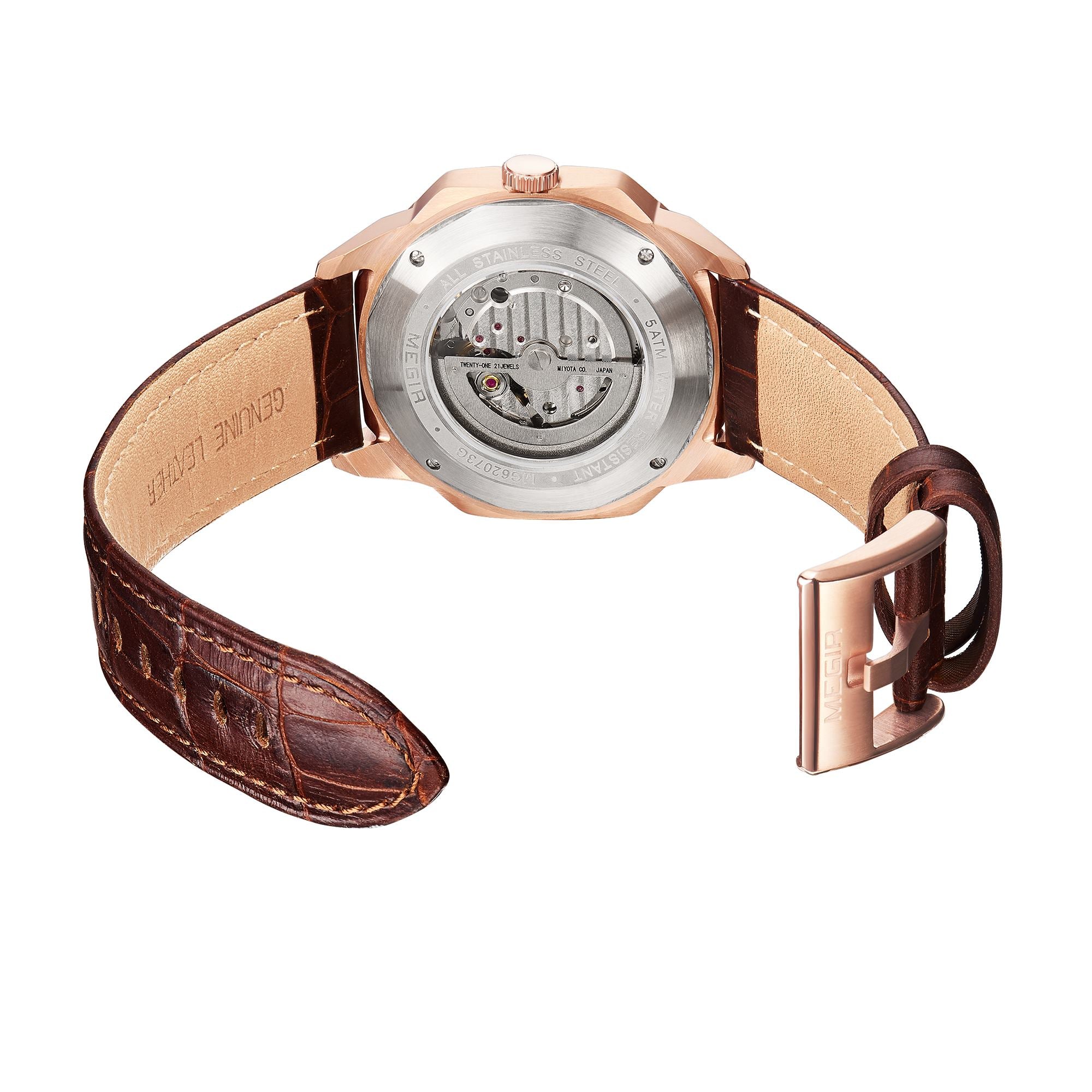 MEGIR Retro Men's Wristwatch Luxury Automatic Mechanical Watches Leather Strap Sapphire 5ATM Waterproof Watch Relogio Masculino-8