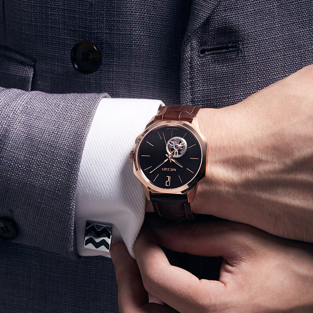 MEGIR Retro Men's Wristwatch Luxury Automatic Mechanical Watches Leather Strap Sapphire 5ATM Waterproof Watch Relogio Masculino-1