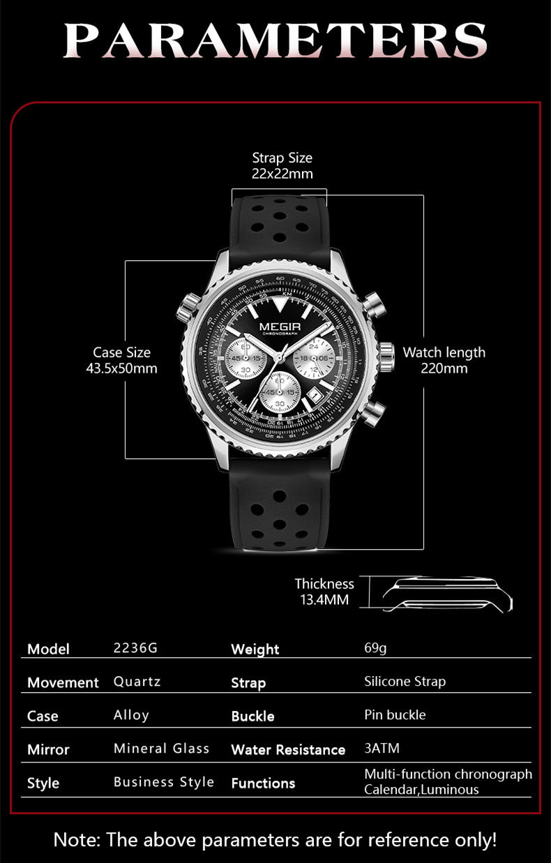 MEGIR Luxury Watches Men Fashion Silicone Band Quartz Military WristWatch Waterproof Big Dial Sport Chronograph with Date Clock-3