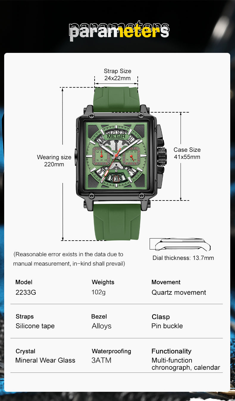 MEGIR Top Brand Men Watches Fashion Sport Military Chronograph Luminous Square Silicone Band Quartz Wristwatch Relogio Masculino-2