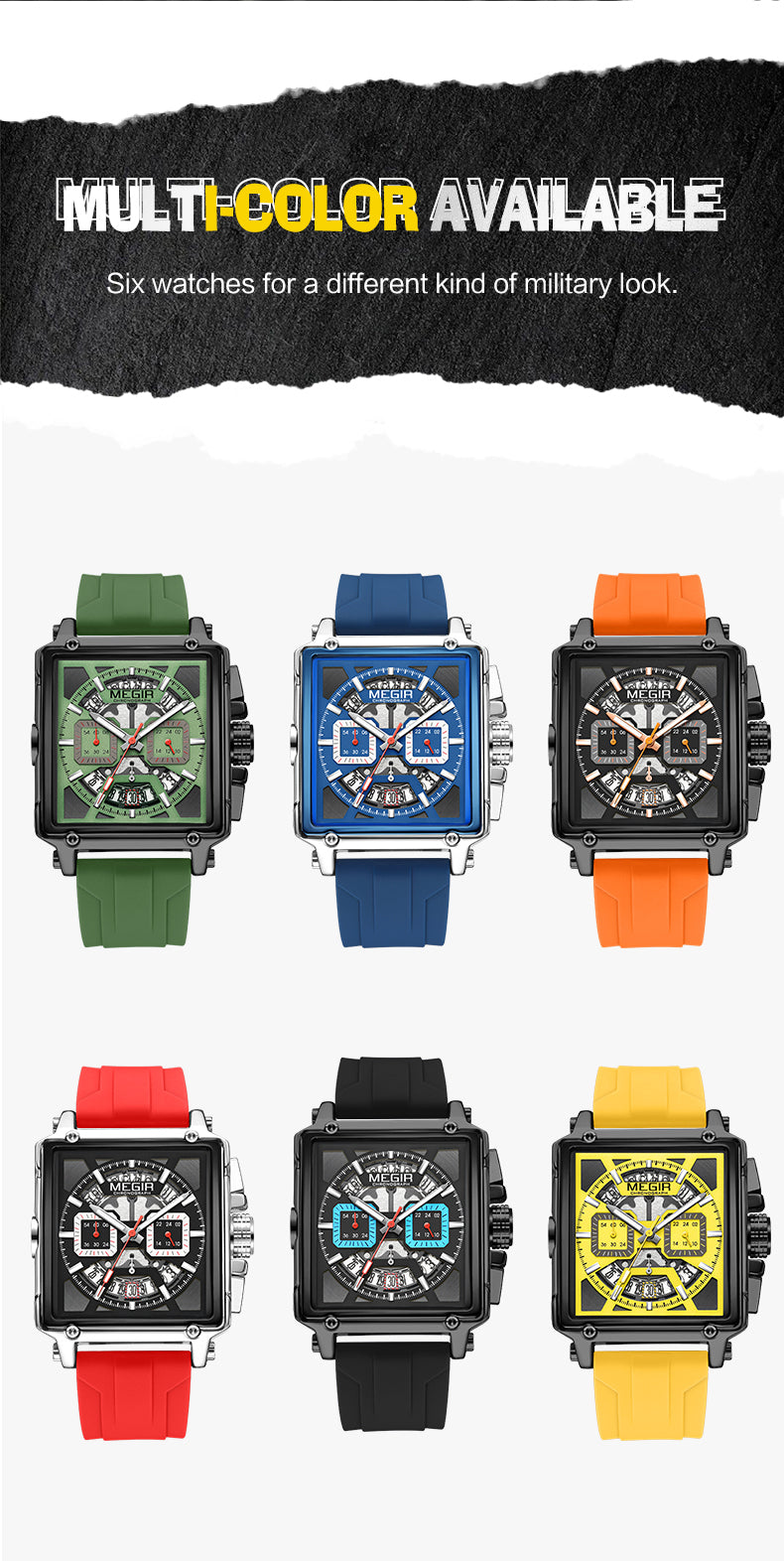 MEGIR Top Brand Men Watches Fashion Sport Military Chronograph Luminous Square Silicone Band Quartz Wristwatch Relogio Masculino-3