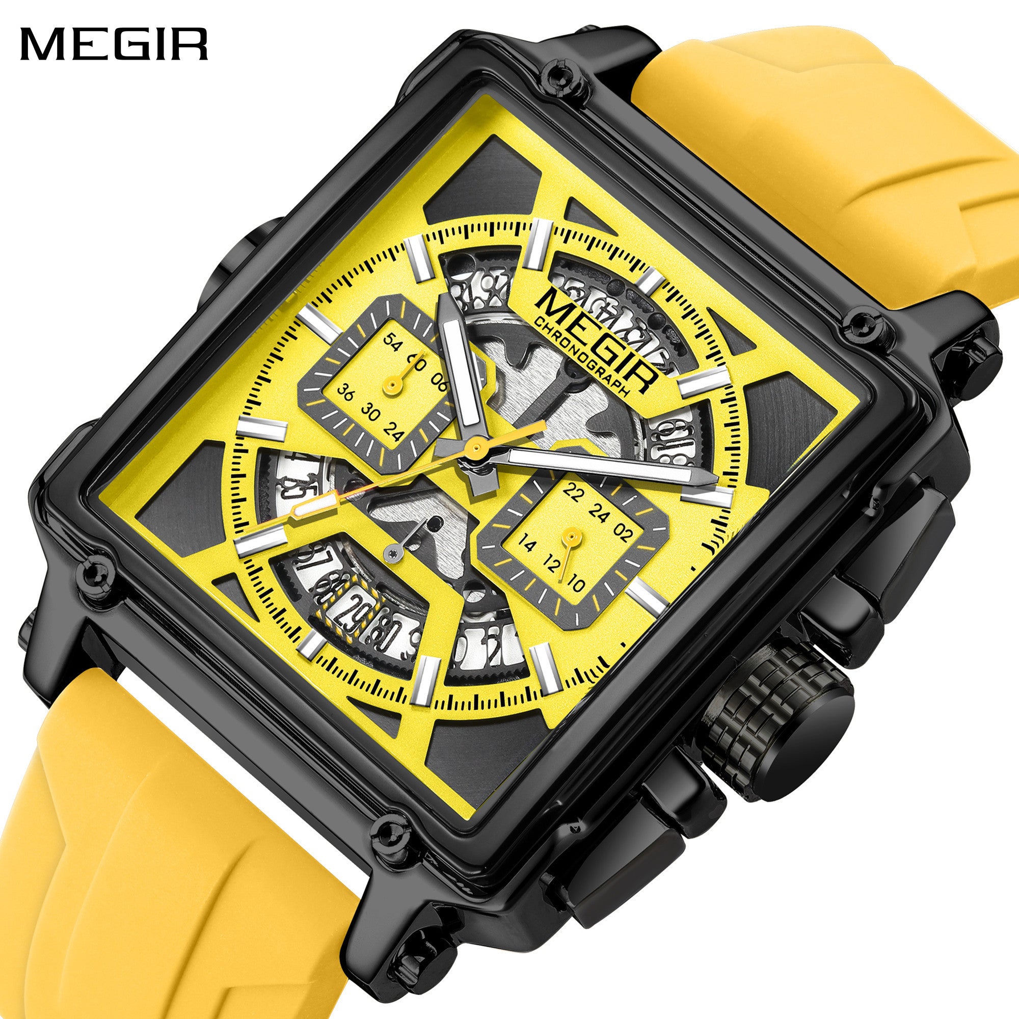 MEGIR Top Brand Men Watches Fashion Sport Military Chronograph Luminous Square Silicone Band Quartz Wristwatch Relogio Masculino-0