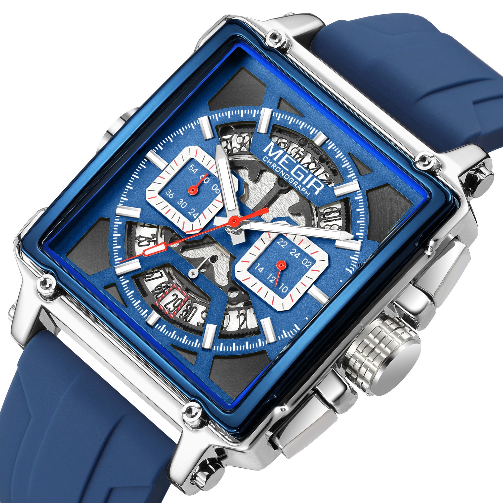 MEGIR Top Brand Men Watches Fashion Sport Military Chronograph Luminous Square Silicone Band Quartz Wristwatch Relogio Masculino-8