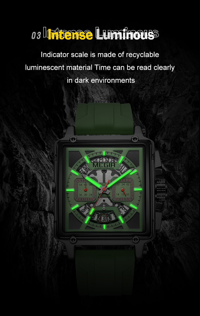 MEGIR Top Brand Men Watches Fashion Sport Military Chronograph Luminous Square Silicone Band Quartz Wristwatch Relogio Masculino-4