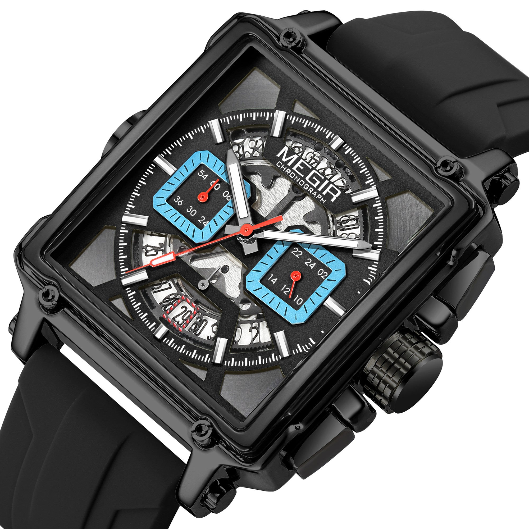 MEGIR Top Brand Men Watches Fashion Sport Military Chronograph Luminous Square Silicone Band Quartz Wristwatch Relogio Masculino-10