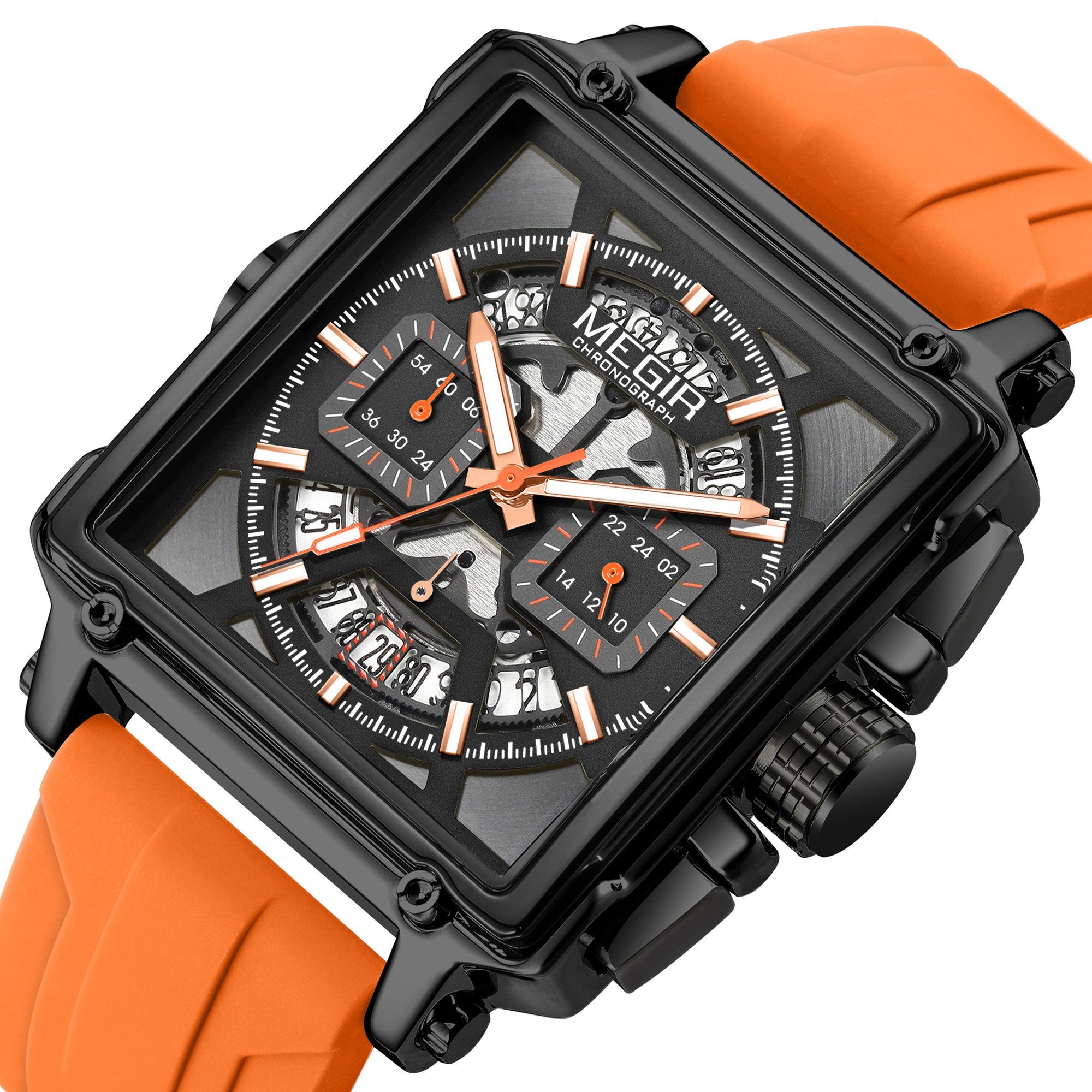 MEGIR Top Brand Men Watches Fashion Sport Military Chronograph Luminous Square Silicone Band Quartz Wristwatch Relogio Masculino-7