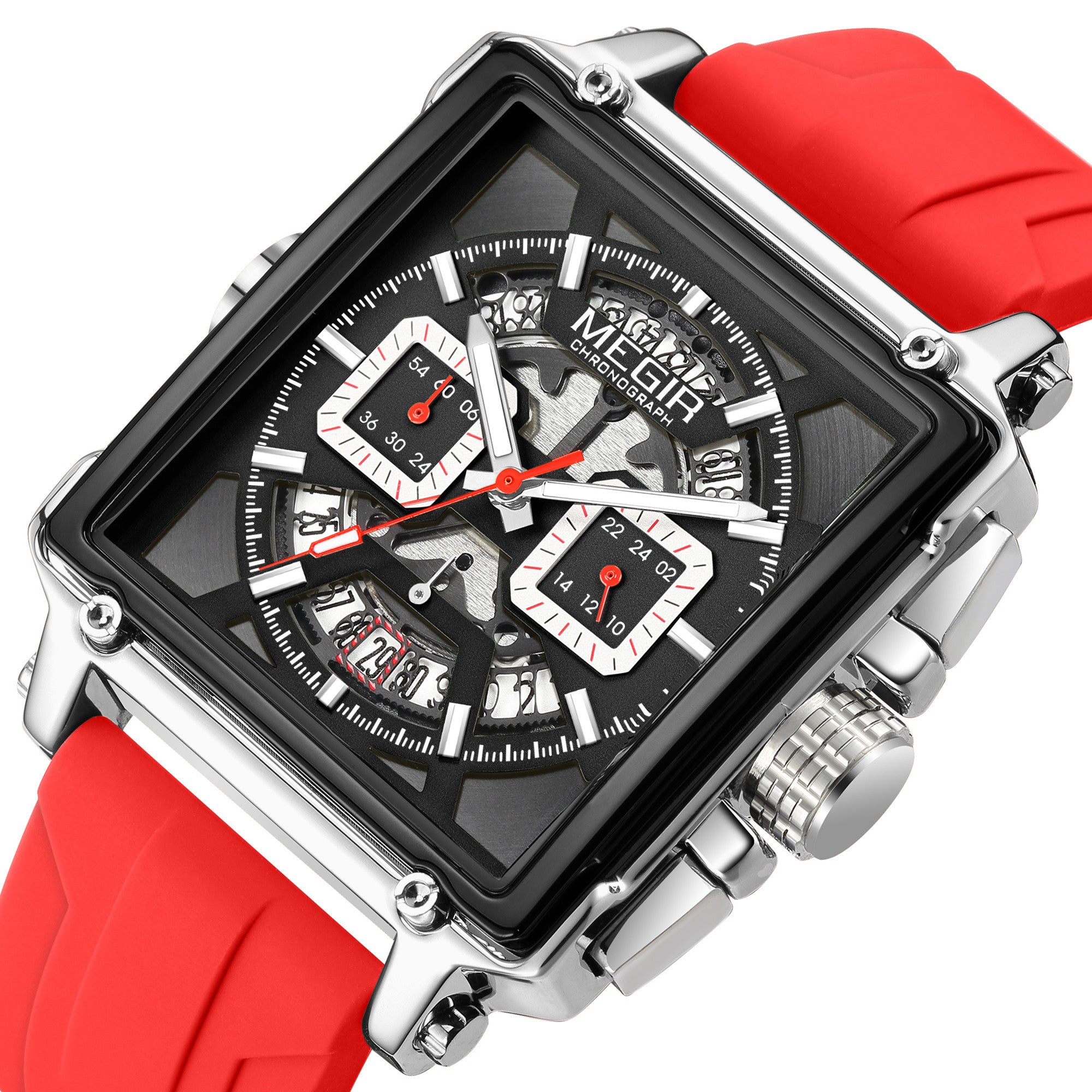 MEGIR Top Brand Men Watches Fashion Sport Military Chronograph Luminous Square Silicone Band Quartz Wristwatch Relogio Masculino-9