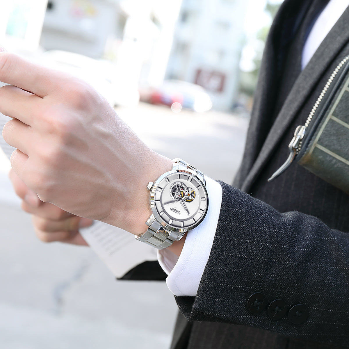 MEGIR Men Watch Hollow Out Automatic Mechanical Stainless Steel Wristwatch Waterproof Luxury Business Wrist Watch Montre Homme-3