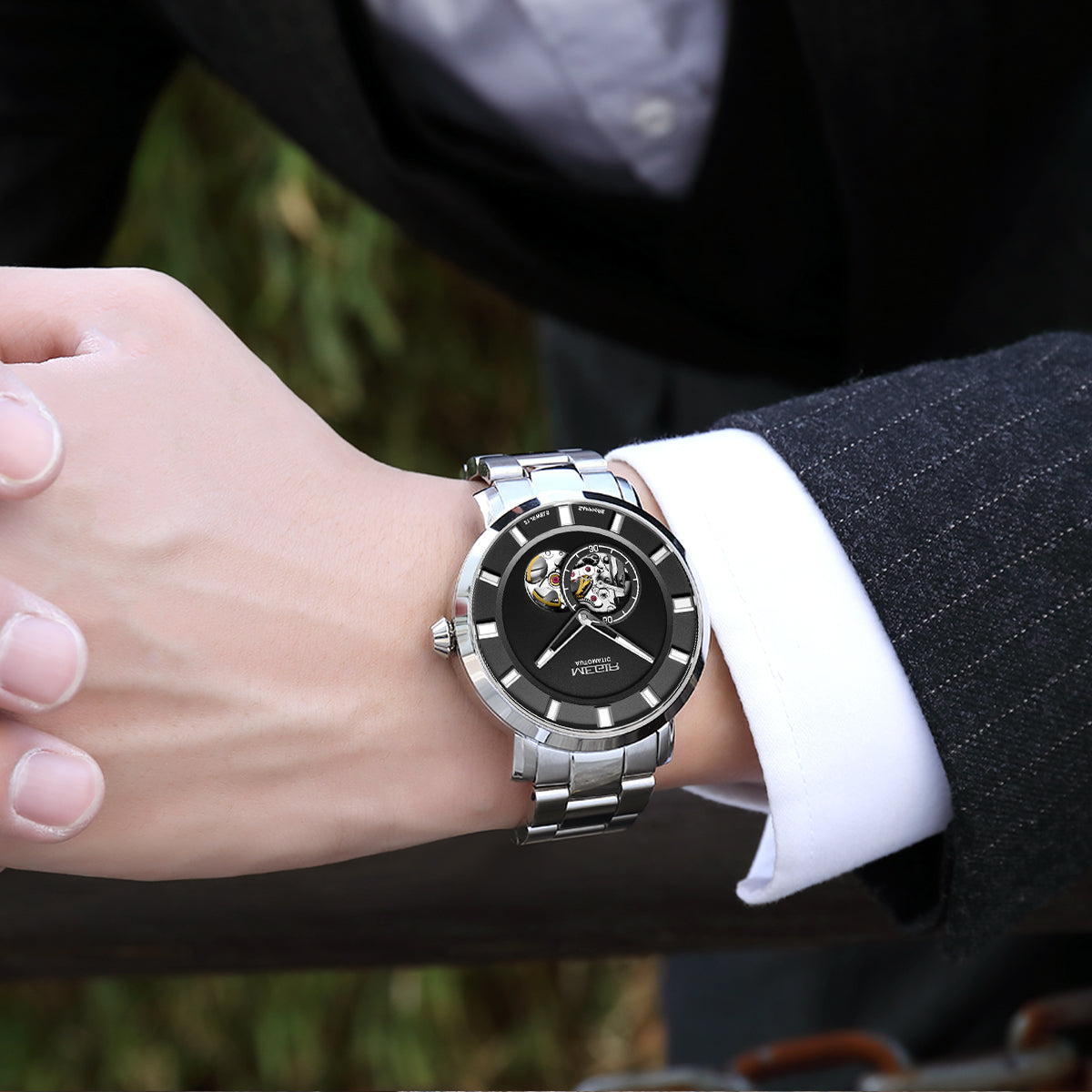 MEGIR Men Watch Hollow Out Automatic Mechanical Stainless Steel Wristwatch Waterproof Luxury Business Wrist Watch Montre Homme-2