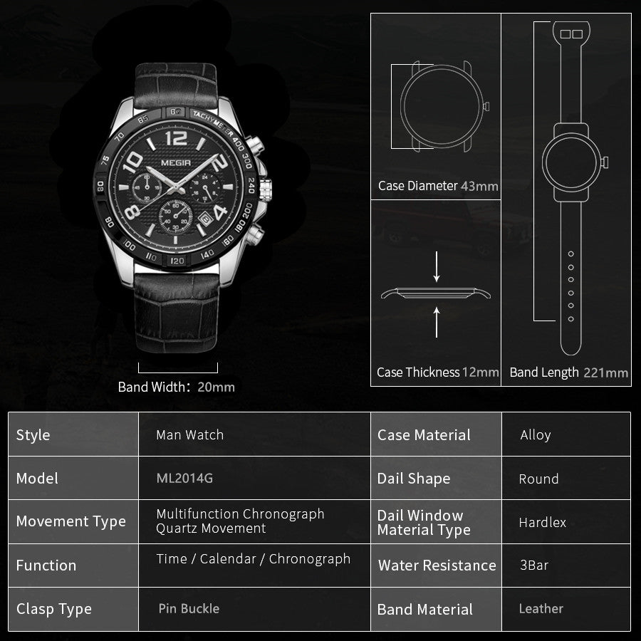 MEGIR Men Watch Top Brand Luxury Quartz Watches Waterproof Calendar Sport Wristwatch Leather Man Clock Chronograph Reloj Hombre 2014-3