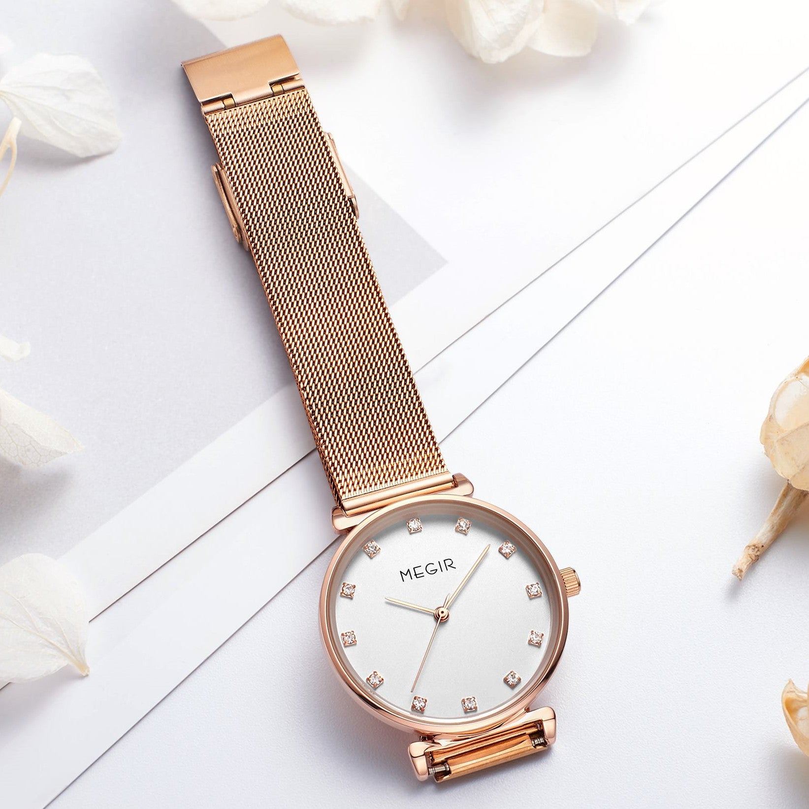 MEGIR Quartz Wristwatches Woman Bracelet Watch Ladies Stainless Steel Mesh Fashion Luxury Waterproof Watches Female Dress Clock-3