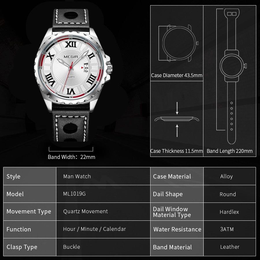 MEGIR Sport Men Watch Top Brand Leather Quartz Watches Man Clock Time Fashion Military Wristwatches Calendar Reloj Hombre 1019-3