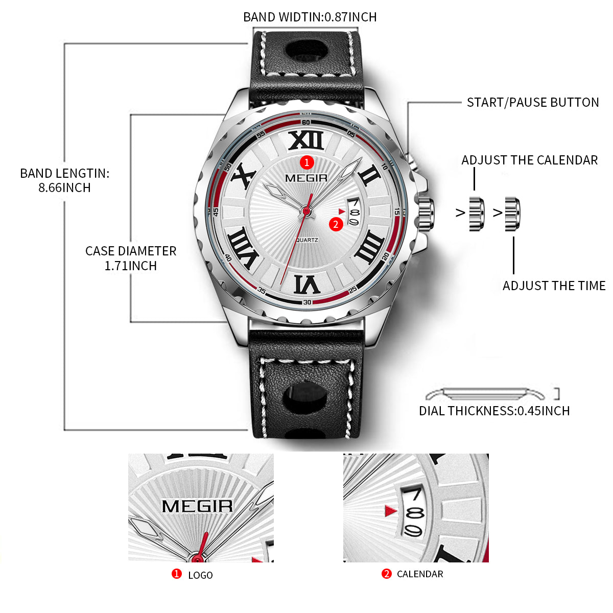 MEGIR Sport Men Watch Top Brand Leather Quartz Watches Man Clock Time Fashion Military Wristwatches Calendar Reloj Hombre 1019-4