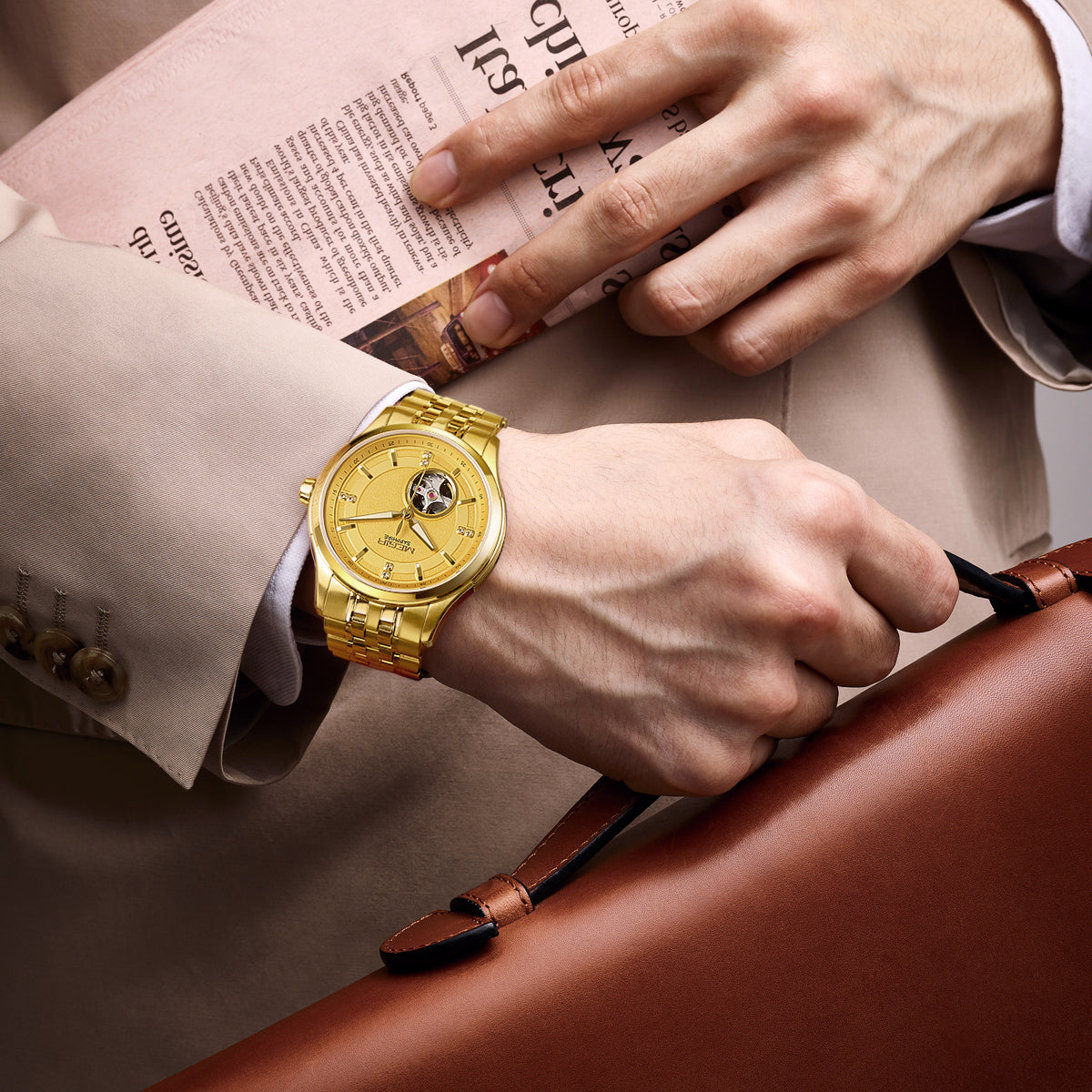 MEGIR Top Brand Luxury Business Watch Men Stainless Steel Waterproof Automatic Mechanical WristWatch Clock Big Dial Montre Homme-2