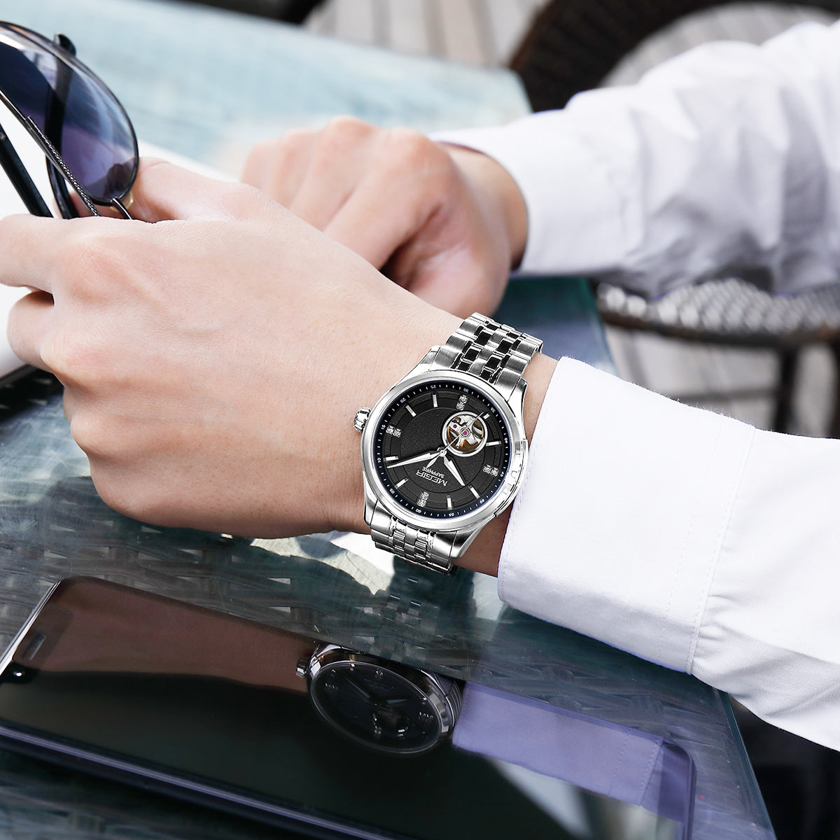 MEGIR Top Brand Luxury Business Watch Men Stainless Steel Waterproof Automatic Mechanical WristWatch Clock Big Dial Montre Homme-3