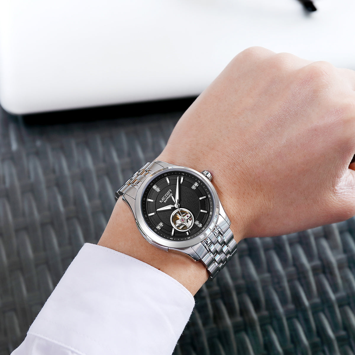 MEGIR Top Brand Luxury Business Watch Men Stainless Steel Waterproof Automatic Mechanical WristWatch Clock Big Dial Montre Homme-4