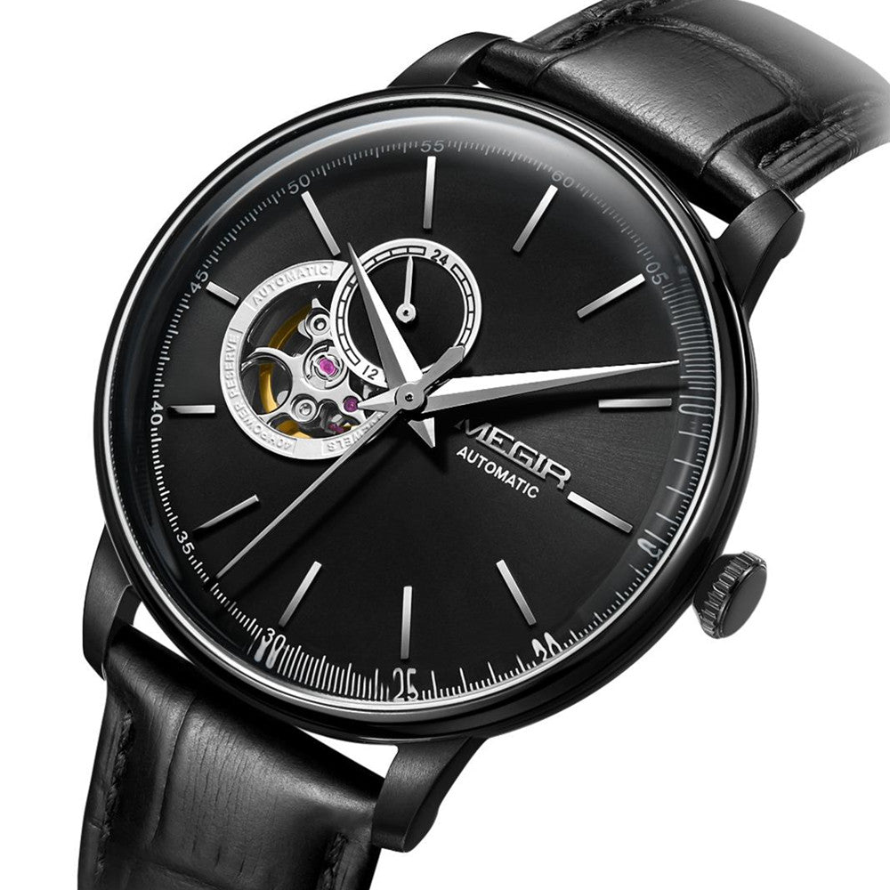 MEGIR Automatic Men's Watch Mechanical Movement Leather Strap Luxury Business Watches 5ATM Waterproof Big Dial Clock Wristwatch-12