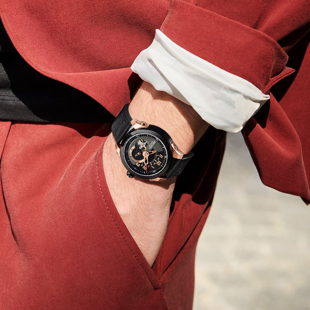 MEGIR Automatic Movement Mechanical Watches Men Luxury Fashion Leather Business Wristwatch Clock Big Dial Male Reloj Hombre-4