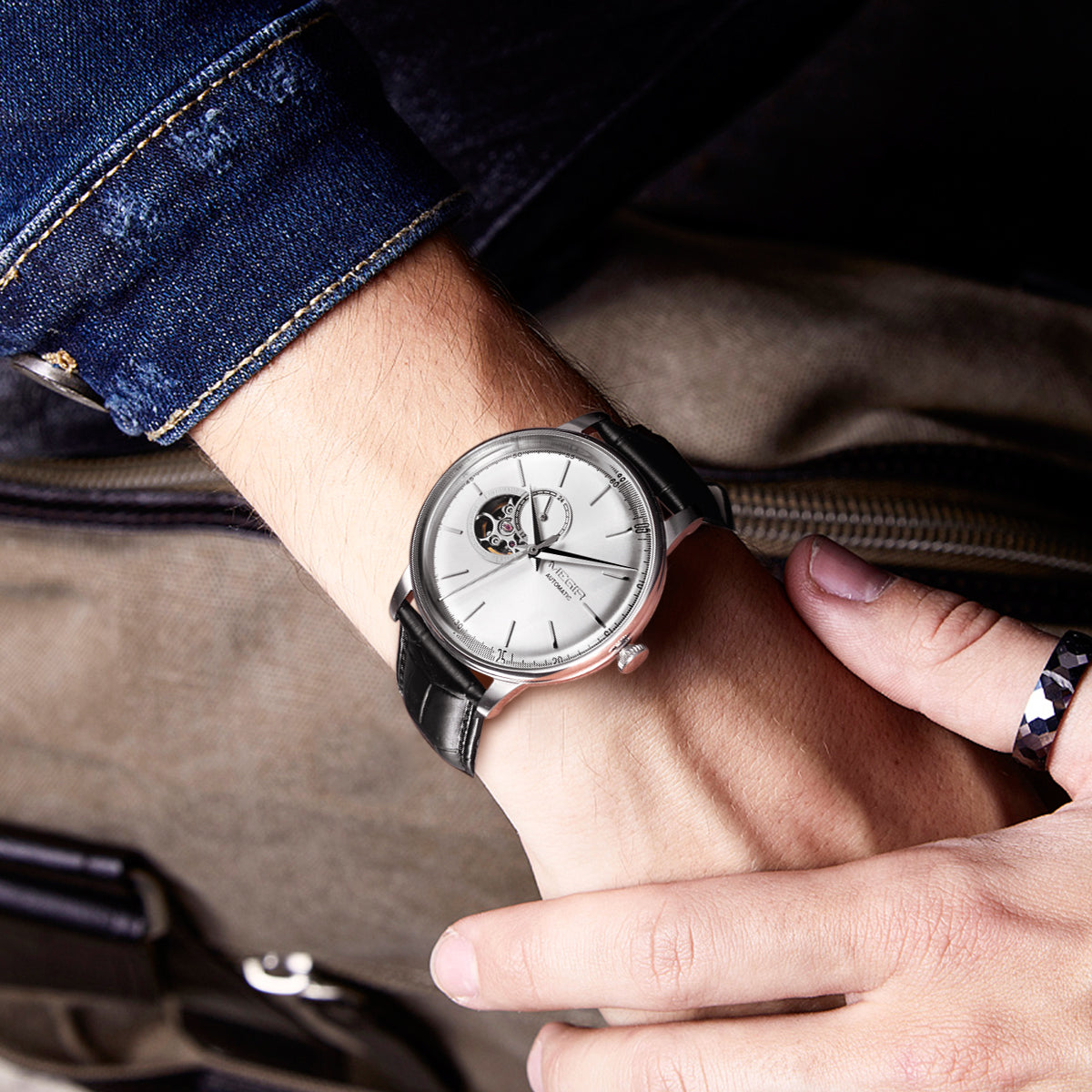 MEGIR Automatic Men's Watch Mechanical Movement Leather Strap Luxury Business Watches 5ATM Waterproof Big Dial Clock Wristwatch-3