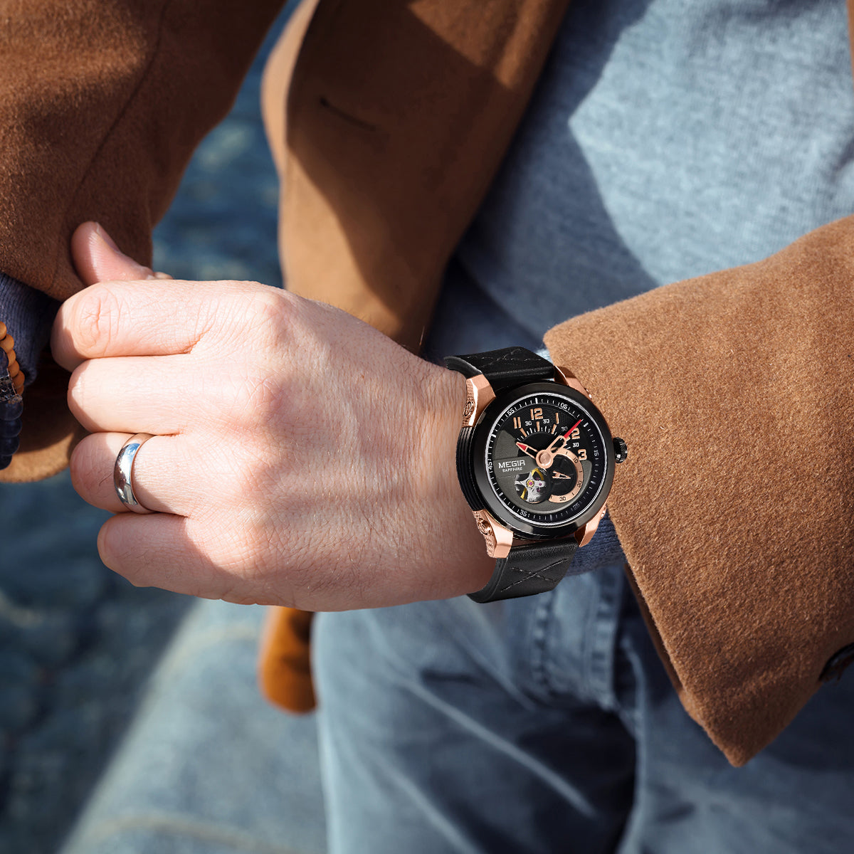 MEGIR Automatic Movement Mechanical Watches Men Luxury Fashion Leather Business Wristwatch Clock Big Dial Male Reloj Hombre-3