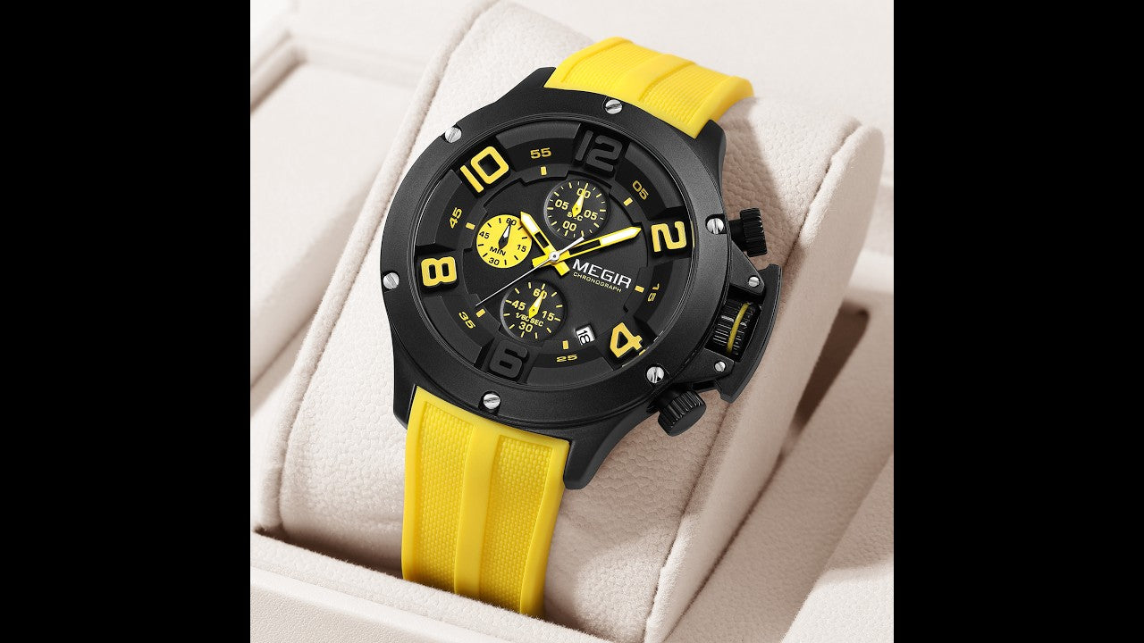 MEGIR Relogio Masculino Luxury Quartz Watch for Men Yellow Silicone Strap Military Sport WristWatch Chronograph with Auto Date-17