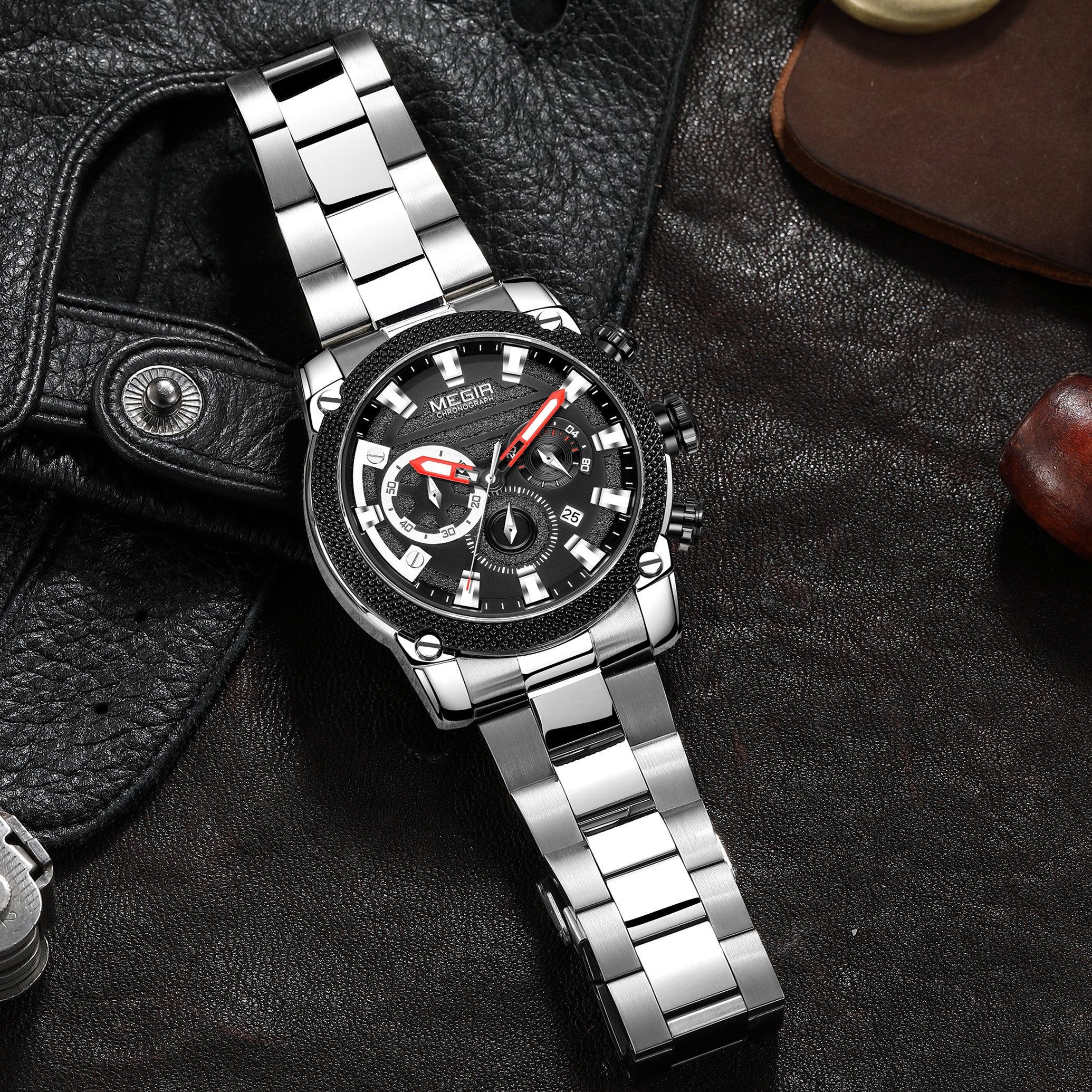 MEGIR Mens Watches Top Brand Luxury Business Wristwatch Waterproof Calendar Quartz Casual Clock Stainless Steel Man Chronograph-8