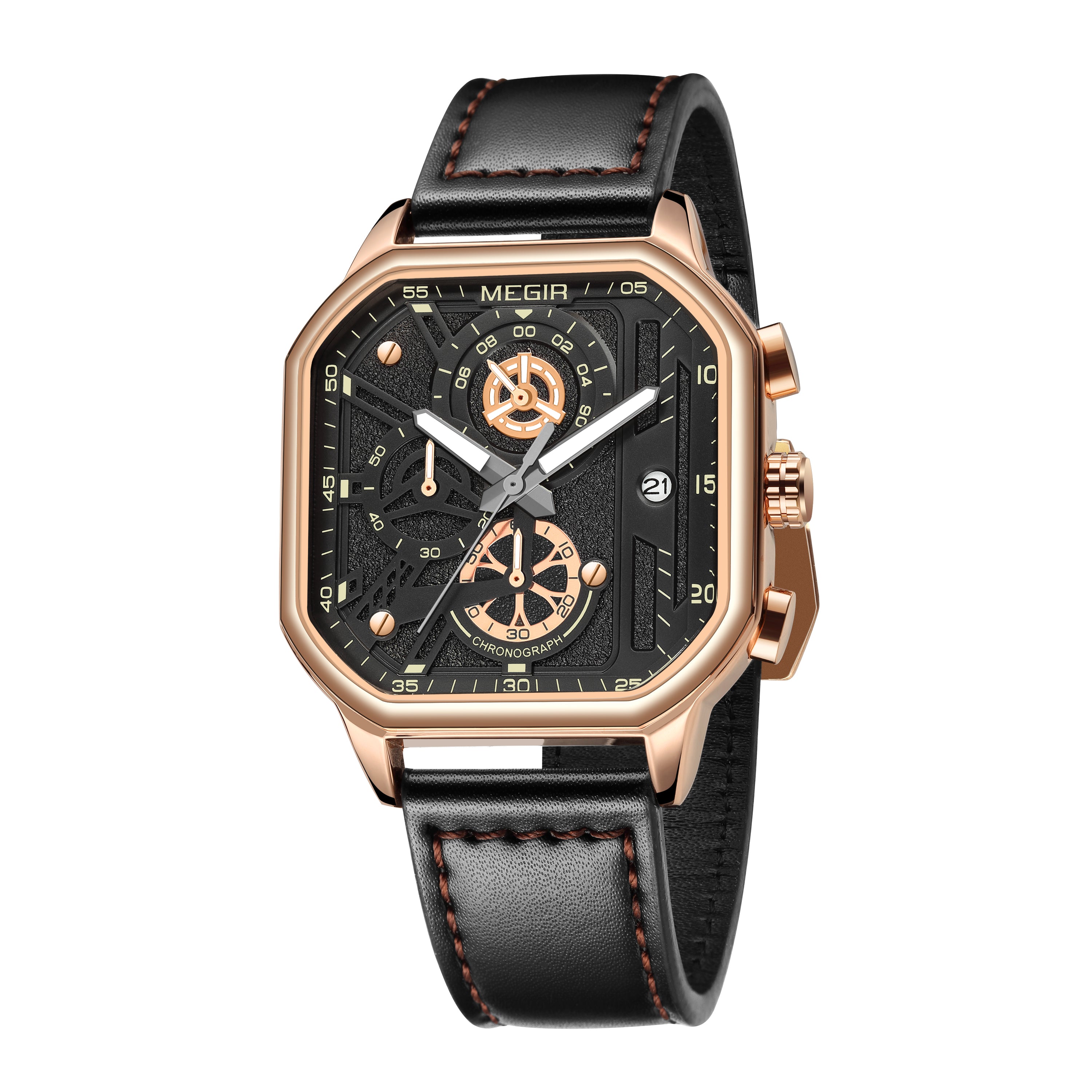 MEGIR Fashion Men's Squre Sport Watch Quartz Chronograph Luminous Military WristWatches Leather Luminous Date Clock Reloj Hombre-14