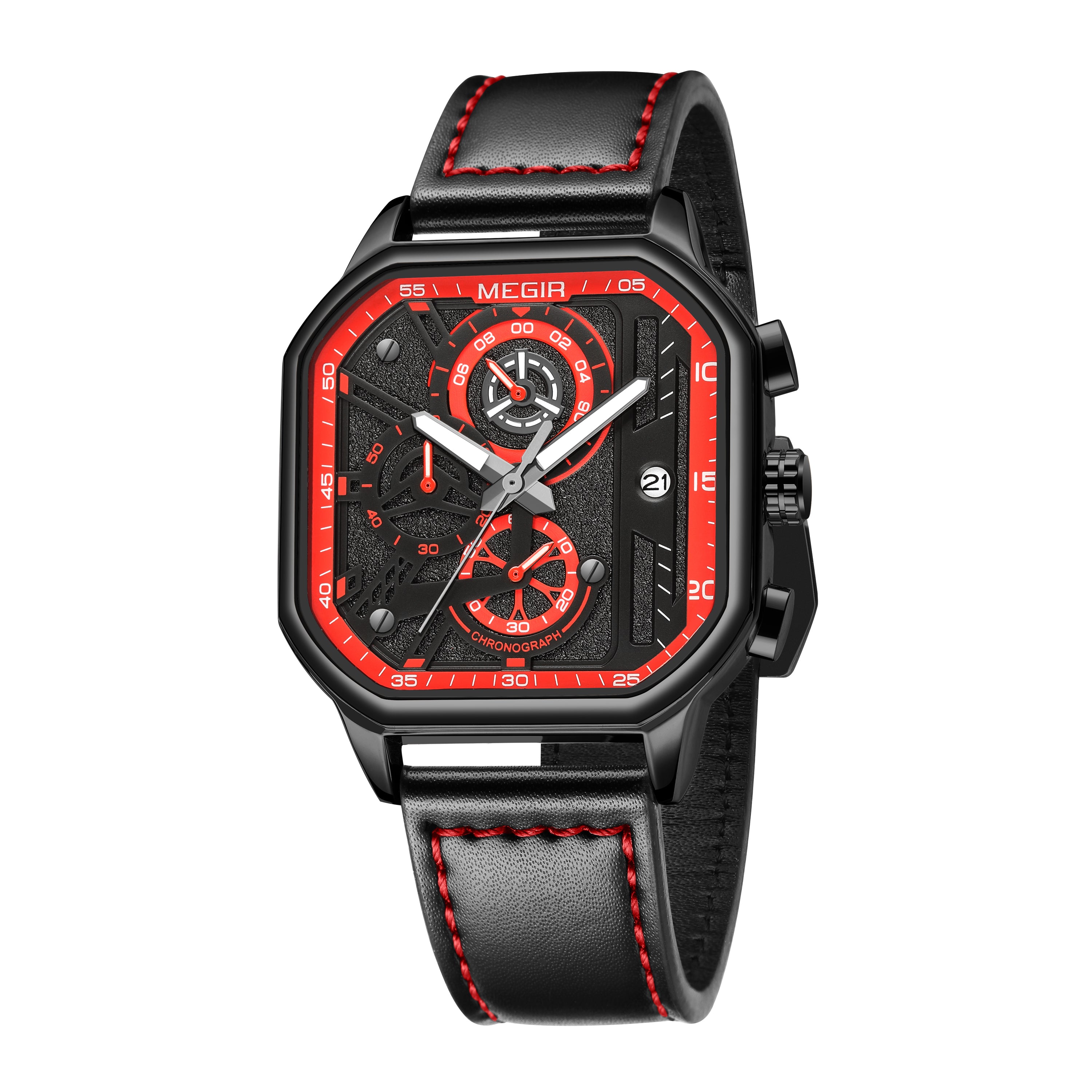 MEGIR Fashion Men's Squre Sport Watch Quartz Chronograph Luminous Military WristWatches Leather Luminous Date Clock Reloj Hombre-13