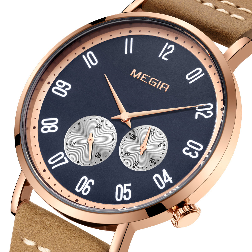 MEGIR Fashion Casual Men Watches Luxury Leather Quartz Sport Wristwatch Waterproof Luminous Clock Large Dial Relogio Masculino 1083-5