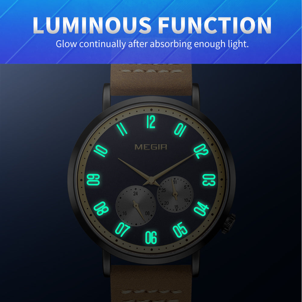 MEGIR Fashion Casual Men Watches Luxury Leather Quartz Sport Wristwatch Waterproof Luminous Clock Large Dial Relogio Masculino 1083-6