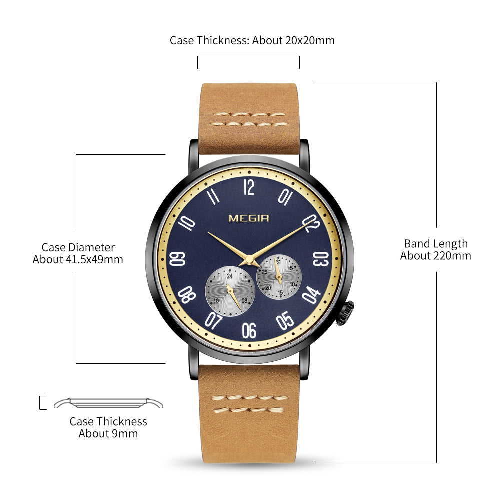 MEGIR Fashion Casual Men Watches Luxury Leather Quartz Sport Wristwatch Waterproof Luminous Clock Large Dial Relogio Masculino 1083-9