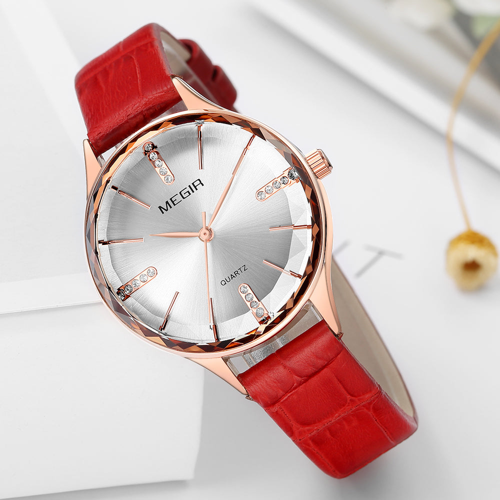 MEGIR Luxury Woman Wristwatch Elegant Waterproof Leather Strap Female Quartz Watches Dress Diamond Wrist Watch for Ladies Gift-3