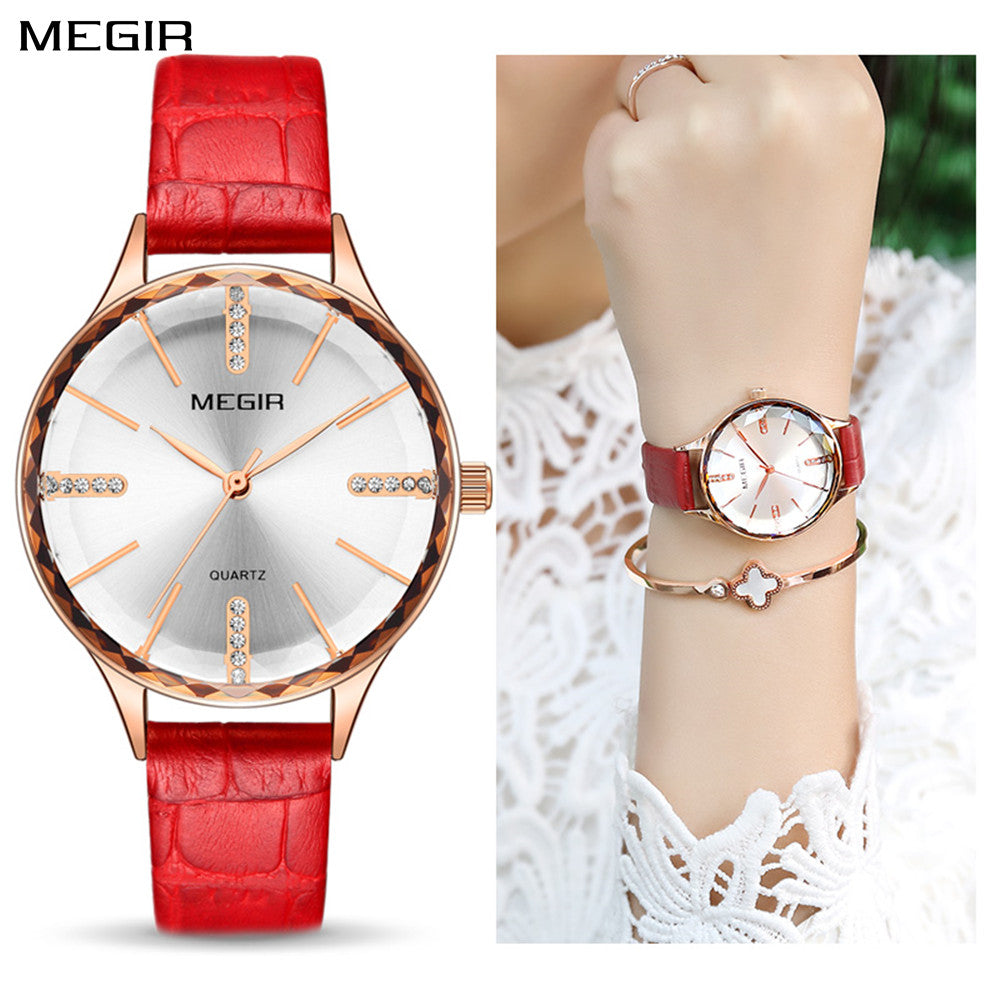 MEGIR Luxury Woman Wristwatch Elegant Waterproof Leather Strap Female Quartz Watches Dress Diamond Wrist Watch for Ladies Gift-0