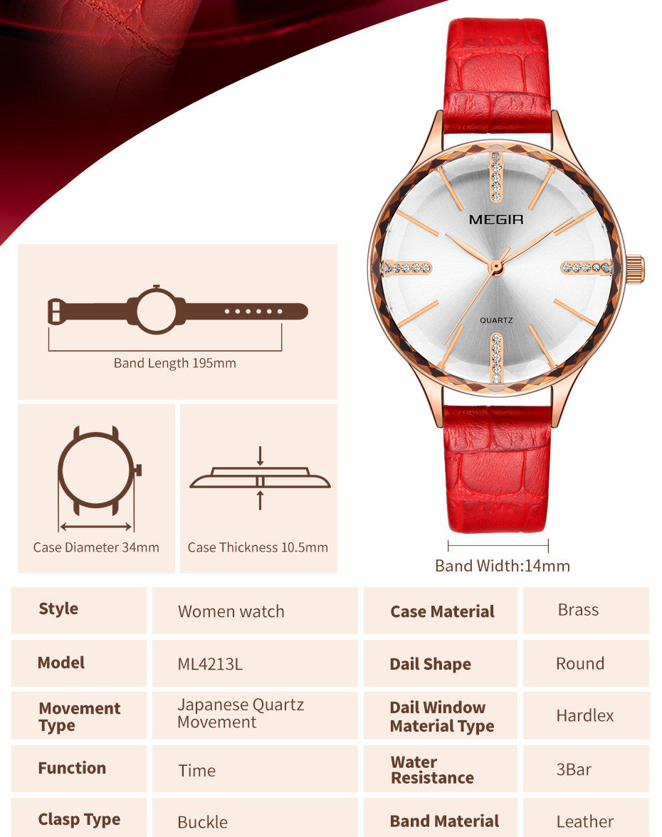 MEGIR Luxury Woman Wristwatch Elegant Waterproof Leather Strap Female Quartz Watches Dress Diamond Wrist Watch for Ladies Gift-6