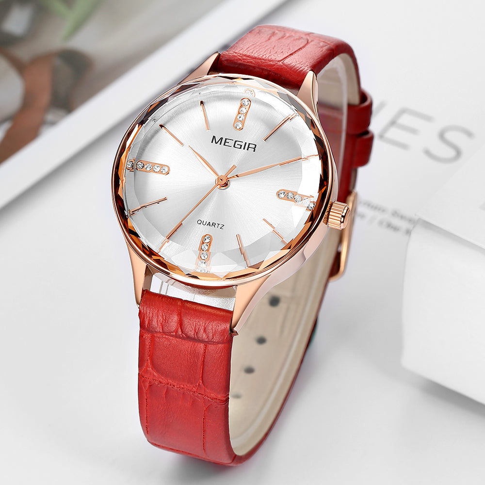 MEGIR Luxury Woman Wristwatch Elegant Waterproof Leather Strap Female Quartz Watches Dress Diamond Wrist Watch for Ladies Gift-2