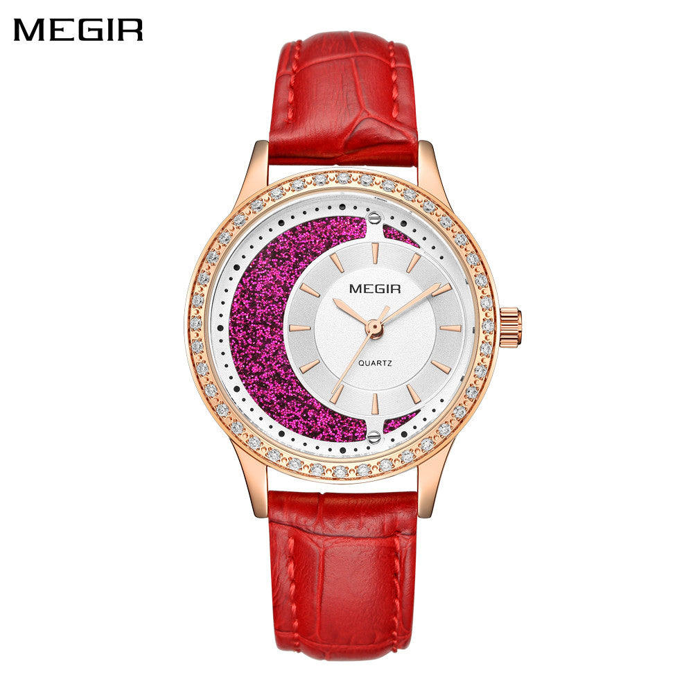 MEGIR Diamond Women Luxury Watch Elegant Ladies Quartz Wristwatch Female Bracelet Watches Waterproof Red Leather Dress Clock-0
