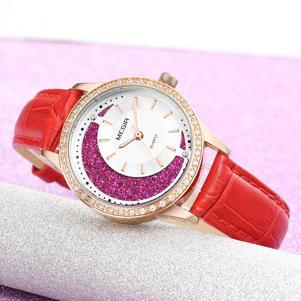 MEGIR Diamond Women Luxury Watch Elegant Ladies Quartz Wristwatch Female Bracelet Watches Waterproof Red Leather Dress Clock-3