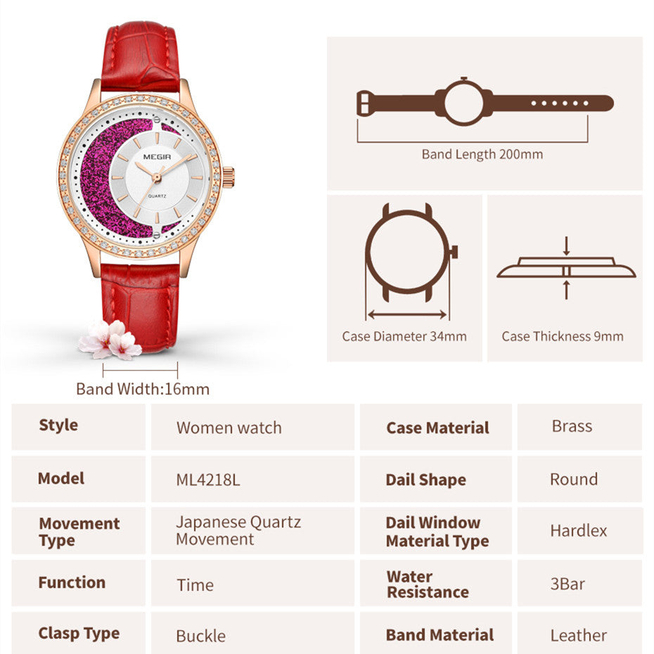 MEGIR Diamond Women Luxury Watch Elegant Ladies Quartz Wristwatch Female Bracelet Watches Waterproof Red Leather Dress Clock-5