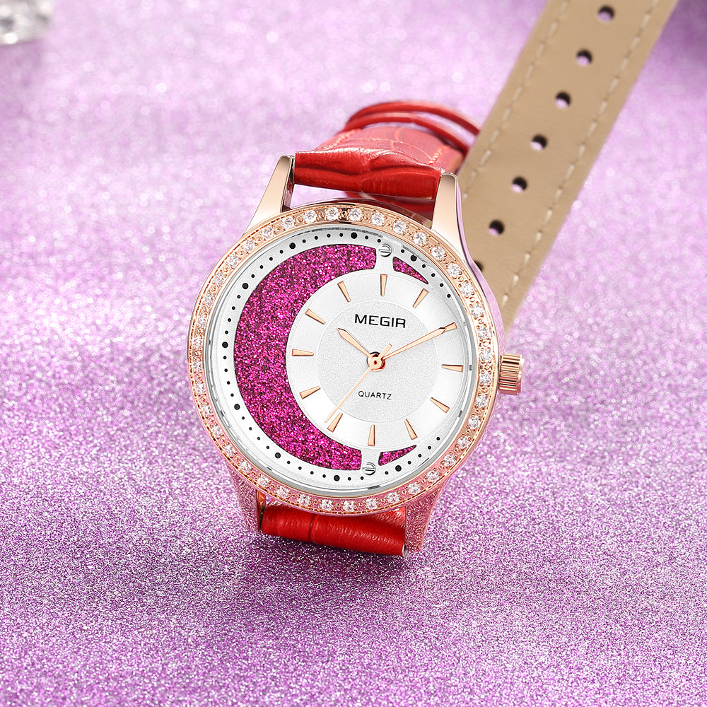 MEGIR Diamond Women Luxury Watch Elegant Ladies Quartz Wristwatch Female Bracelet Watches Waterproof Red Leather Dress Clock-4