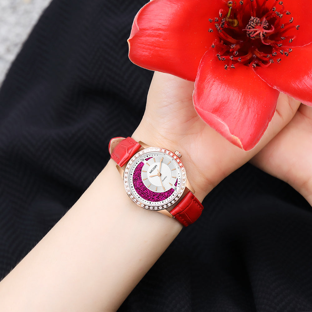 MEGIR Diamond Women Luxury Watch Elegant Ladies Quartz Wristwatch Female Bracelet Watches Waterproof Red Leather Dress Clock-2