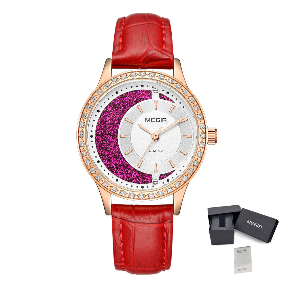 MEGIR Diamond Women Luxury Watch Elegant Ladies Quartz Wristwatch Female Bracelet Watches Waterproof Red Leather Dress Clock-6