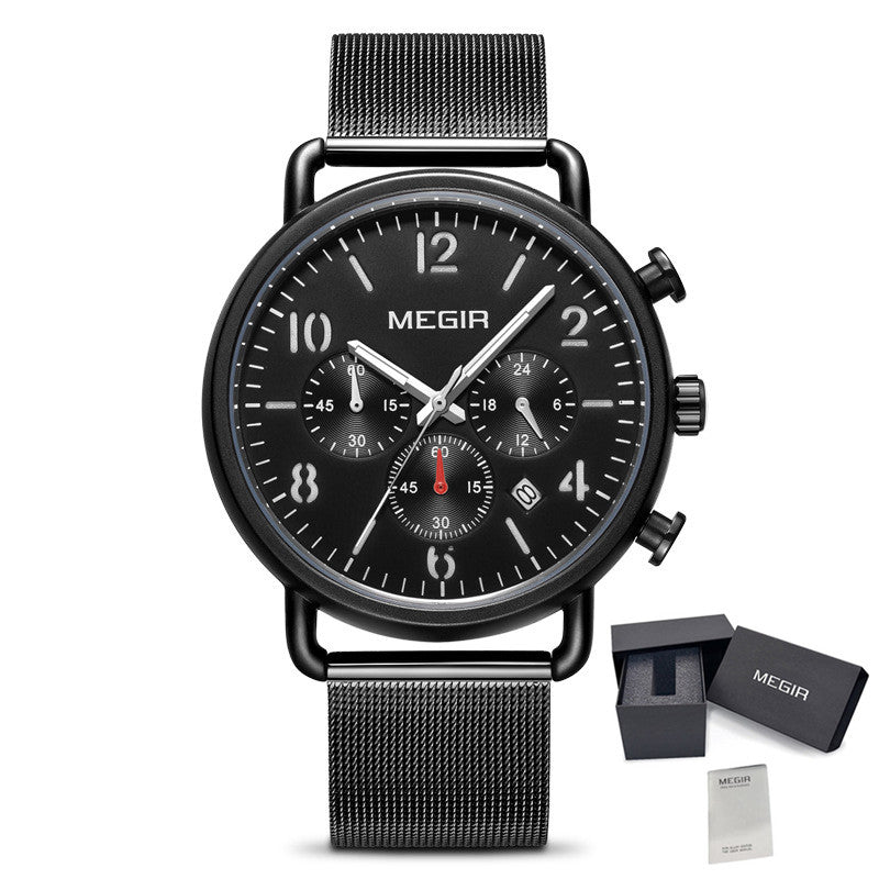 MEGIR Fashion Mens Watches Luxury Sport Quartz Wrist Watch Steel Mesh Business Casual Watches Calendar Leather Band Man Clock-15