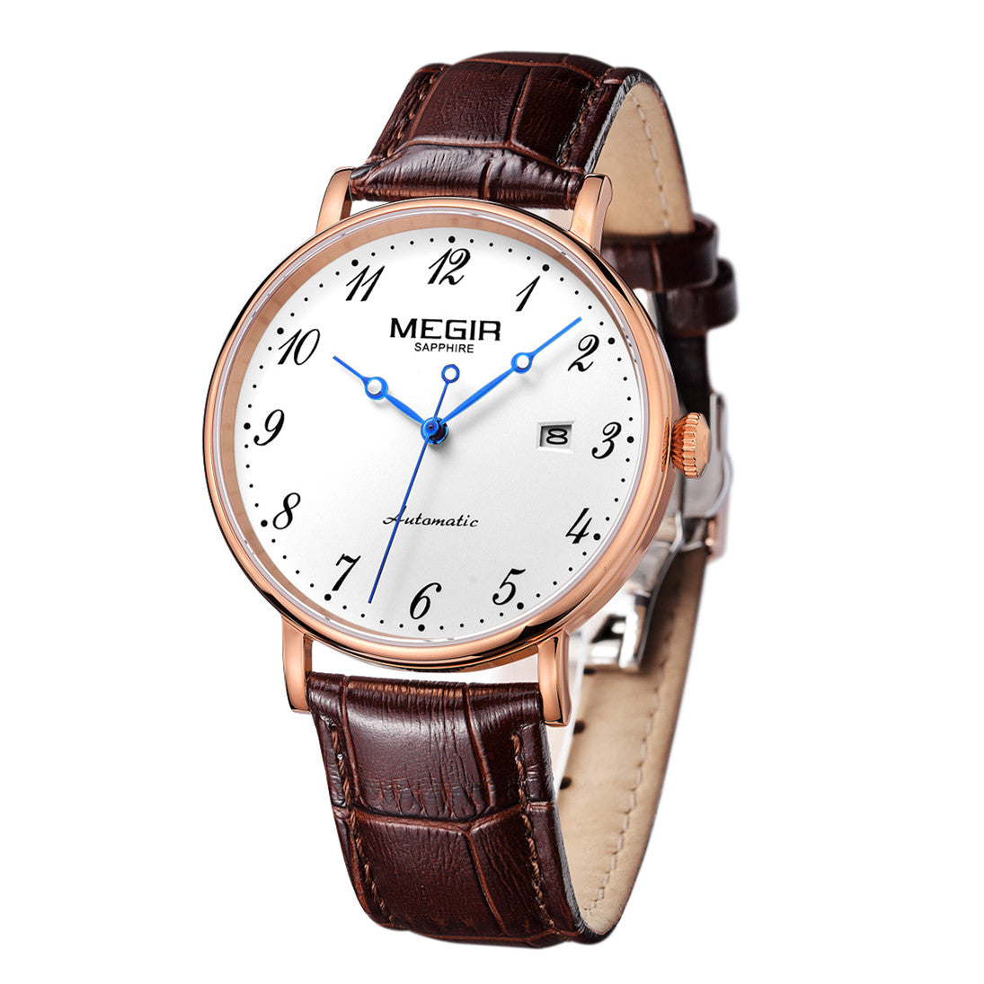 MEGIR Luxury Automatic Mechanical Watch for Men Large Dial Sapphire Leather Strap Male Wristwatch Sports Waterproof Date Clock 62012-8