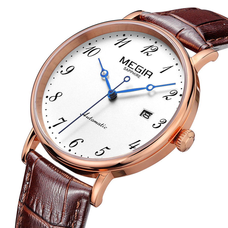 MEGIR Luxury Automatic Mechanical Watch for Men Large Dial Sapphire Leather Strap Male Wristwatch Sports Waterproof Date Clock 62012-10